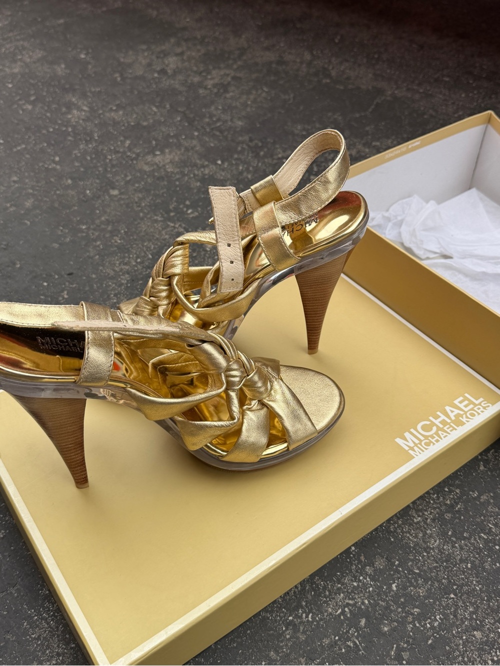 MICHAEL KORS LILLIE GOLD LEATHER BRAIDED HEELED PLATFORM SANDALS SIZE 10M